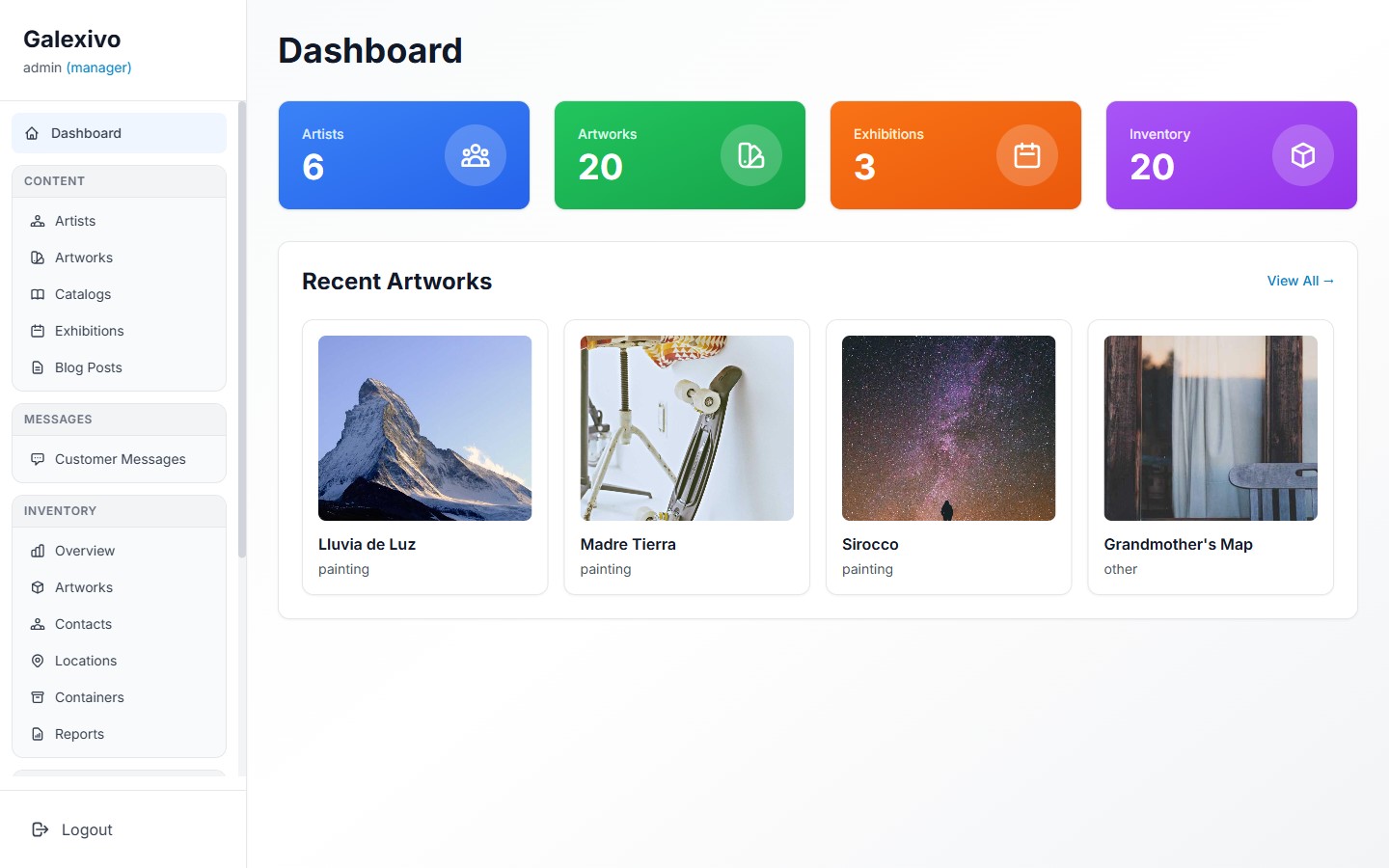 Galexivo admin dashboard showing collection counts and recent artworks