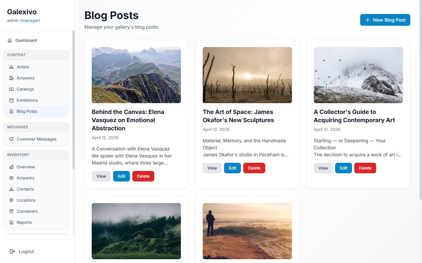 Galexivo admin Blog Posts grid with editorial cards and publish actions