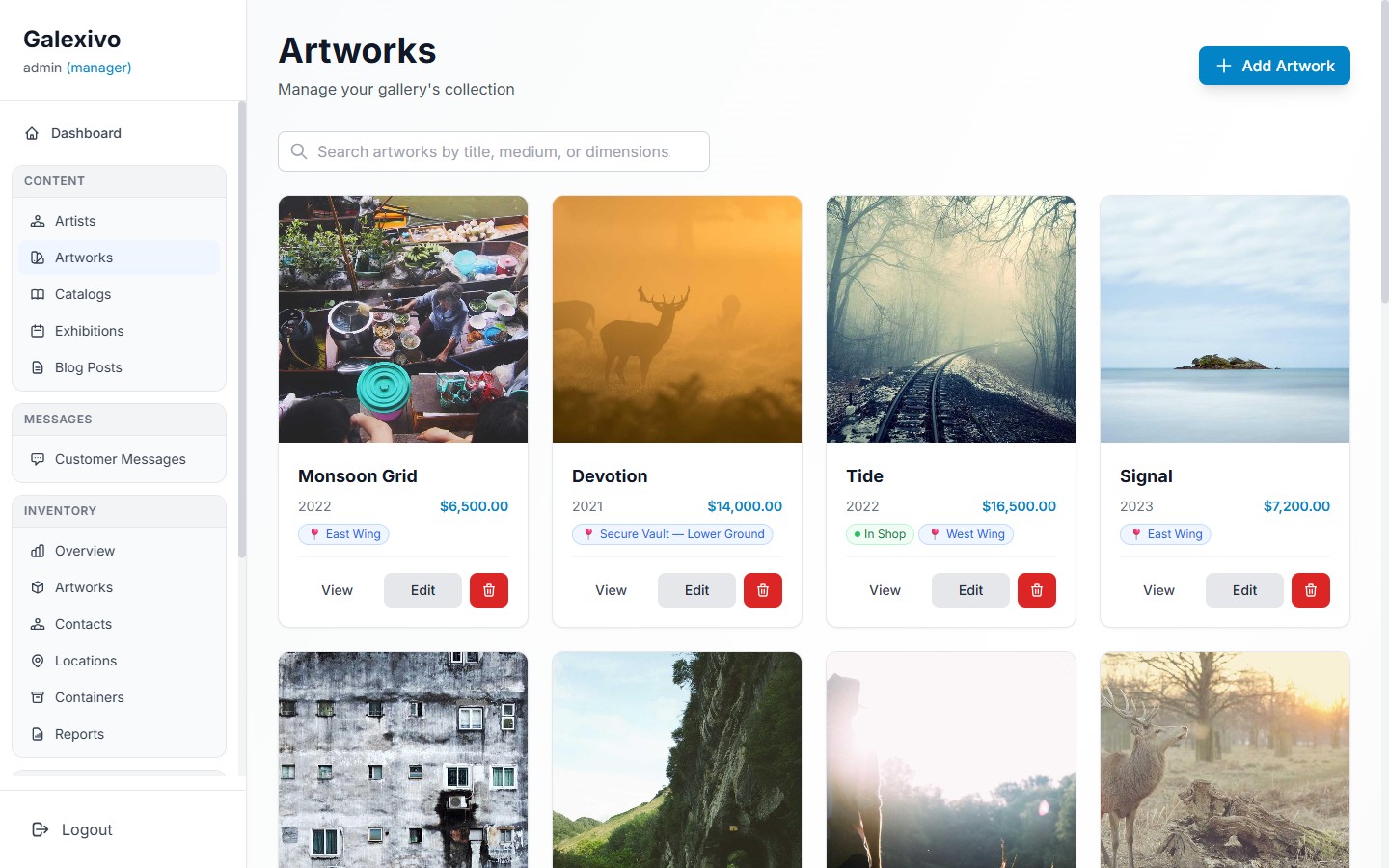 Galexivo admin Artworks grid showing artwork cards with images, prices, and location badges