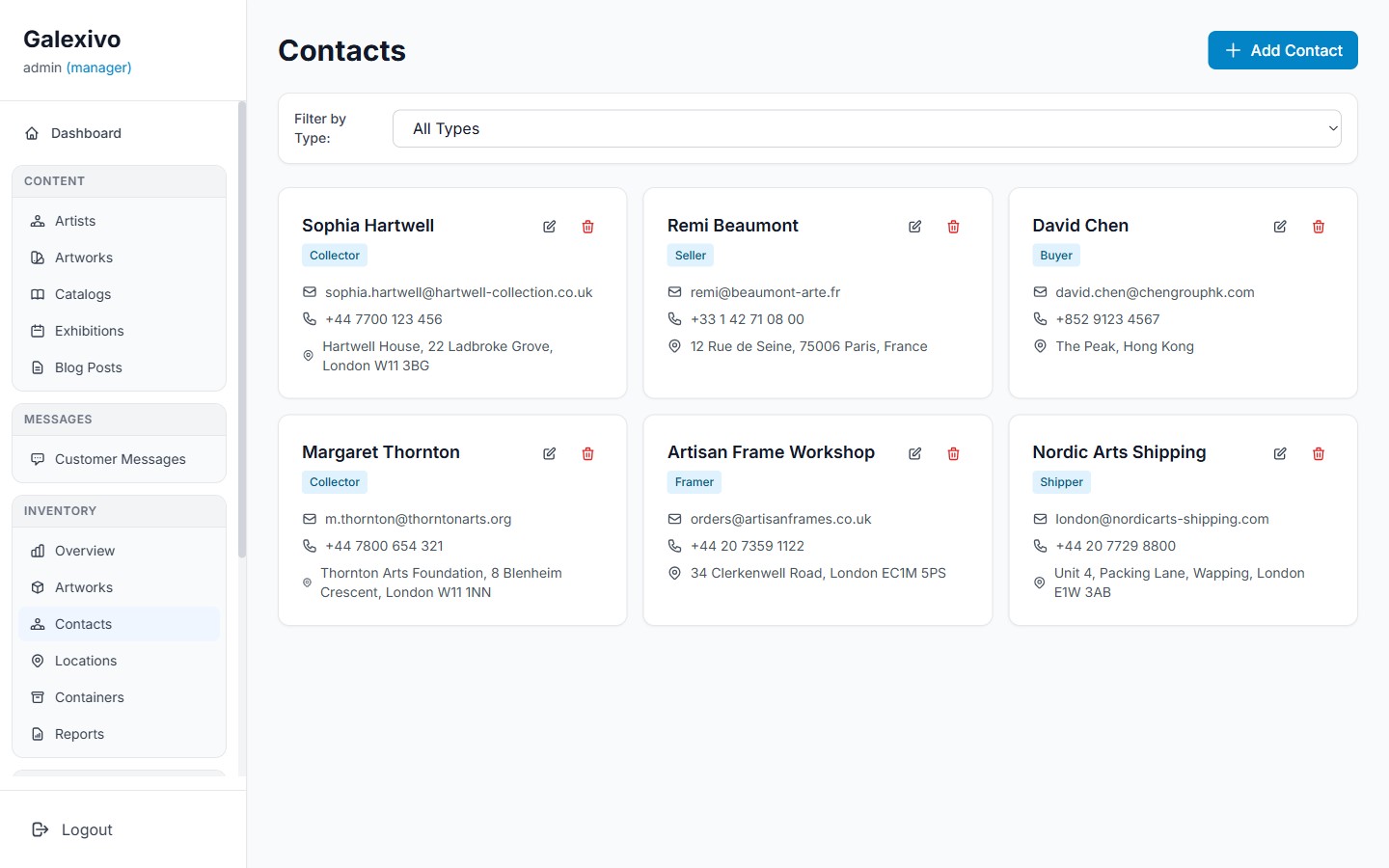 Galexivo admin Contacts grid with role badges and contact details