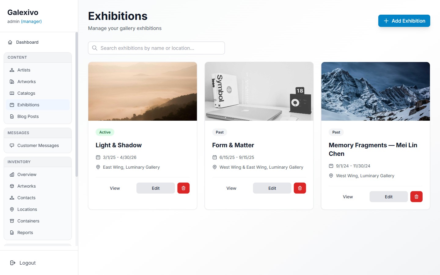 Galexivo admin Exhibitions list with active and past shows, dates, and locations