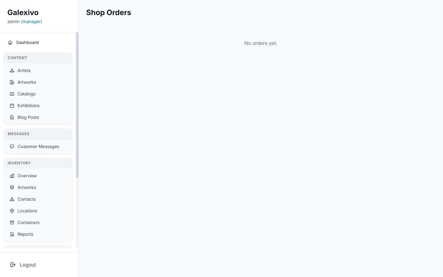 Galexivo admin Shop Orders page showing empty state ready for incoming orders